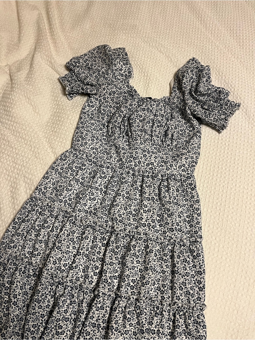 Floral Square-Neck Mini Dress in Navy and White